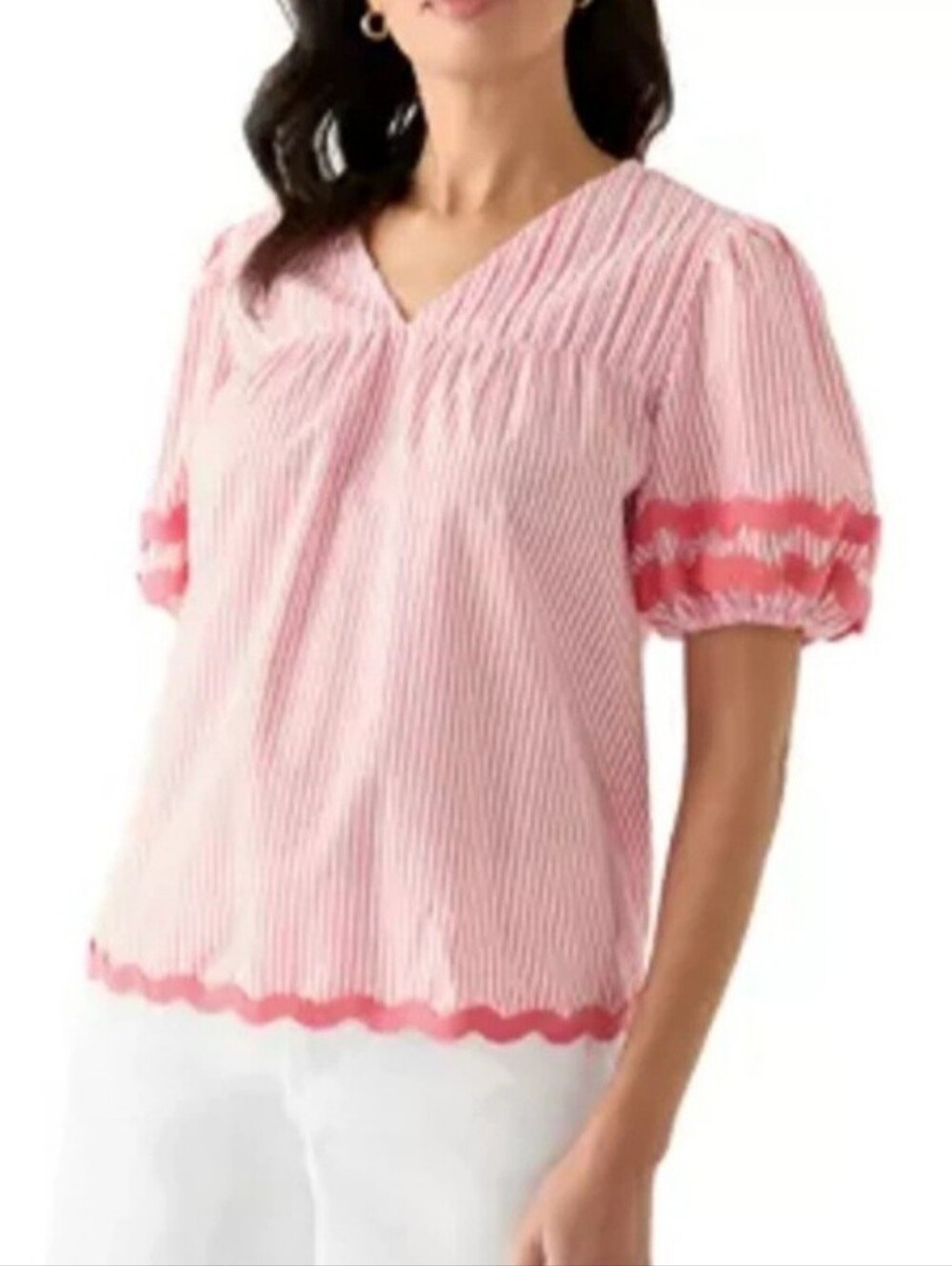 CROWN & IVY Pink/Wht Cotton Striped Ric-Rac Trim V-Neck Short Sleeve Top Sz PM